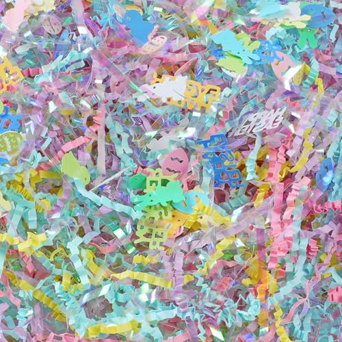 CIPOWM Easter Grass Crinkle Cut Paper Shred, Iridescent Multicolor Raffia Paper Shred Filler with Easter Confetti Shredded Grass for Gift Wrapping Gift Bag Box Filling Party Supply, 115g/4oz