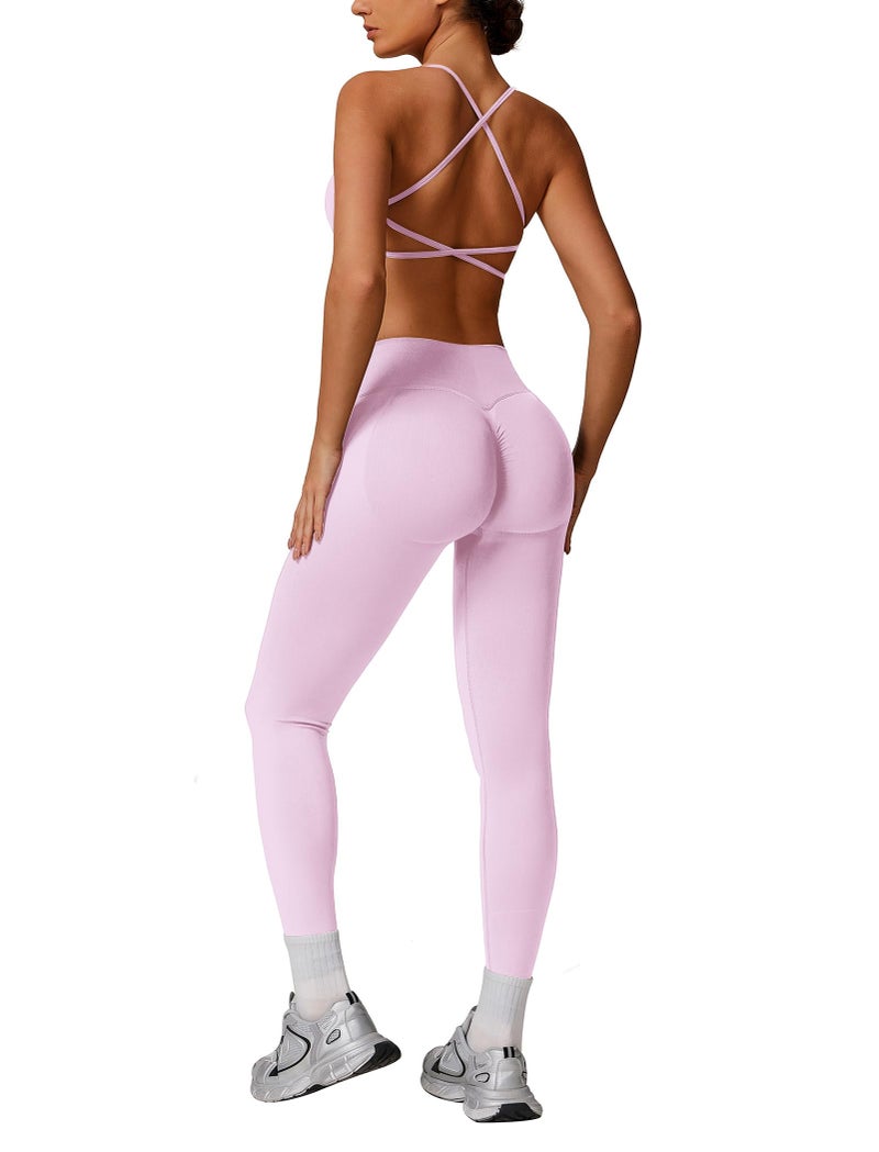 ABOCIW Workout Sets for Women 2 Piece Seamless Backless Sports Bra Scrunch Butt Lifting High Waist Leggings Gym Set Pink Small - Image 1
