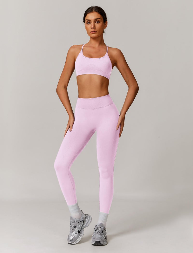 ABOCIW Workout Sets for Women 2 Piece Seamless Backless Sports Bra Scrunch Butt Lifting High Waist Leggings Gym Set Pink Small - Image 2