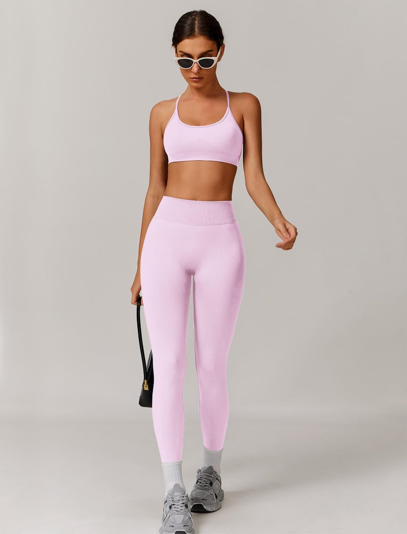 ABOCIW Workout Sets for Women 2 Piece Seamless Backless Sports Bra Scrunch Butt Lifting High Waist Leggings Gym Set Pink Small - Image 5