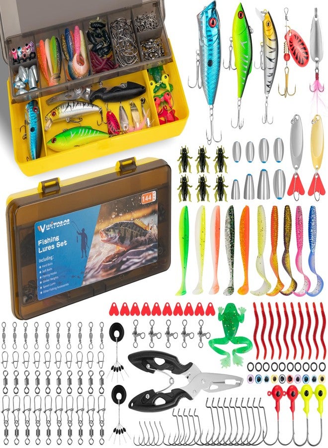 WITOROR Fishing Lures, 144Pcs Fishing Tackle Box Included Crankbaits, Spoon, Hooks, Jigs, Weights and More Fishing Gear Lures Kit Set, Fishing Bait Lure Gear Kit Fishing Gifts for Men Bass Freshwater - Image 1