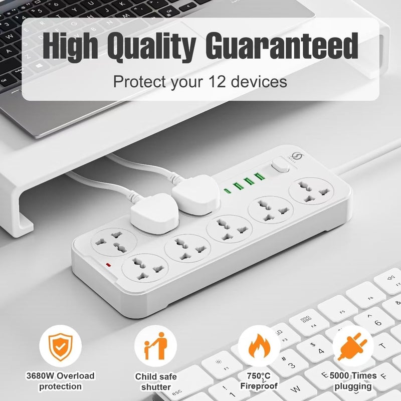 INFLUX Extension Cord With 8-Outlet, 3M Cord with USB Ports and C-type, Surge Protector & Multi-Plug Adapter, USB Hub with Smart and Socket - Perfect for Gaming with 13A Fused Plug - Image 3