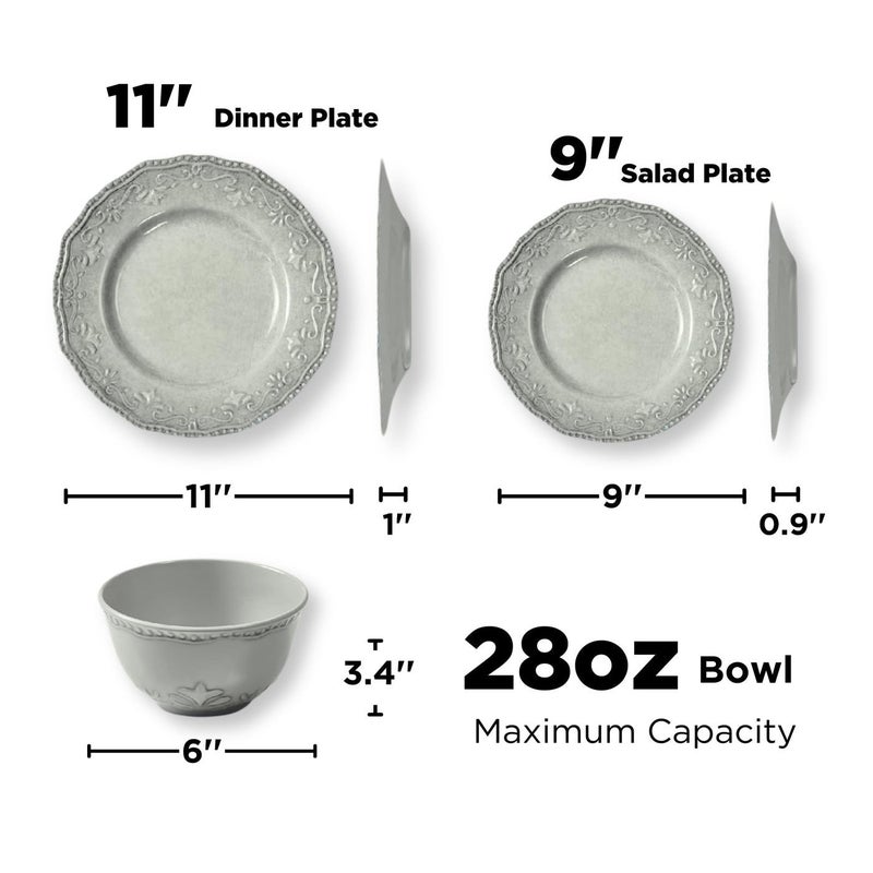 TP 18-Piece Dinnerware Set, Melamine Dishes Set with Bowls and Plates, Service for 6, Non-breakable Lightweight Dining Tableware, Grey - Image 3
