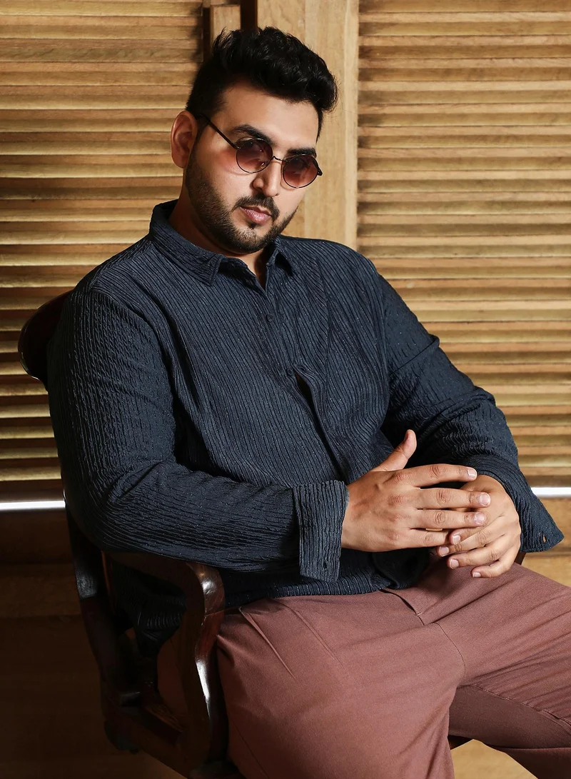 انستافاب بلس Instafab Plus Men's Midnight Blue Shimmering-Pleat Shirt For Casual Wear | Spread Collar | Long Cuffed Sleeves | Button Closure | Plus Size Shirt Crafted With Comfort Fit For Everyday Wear