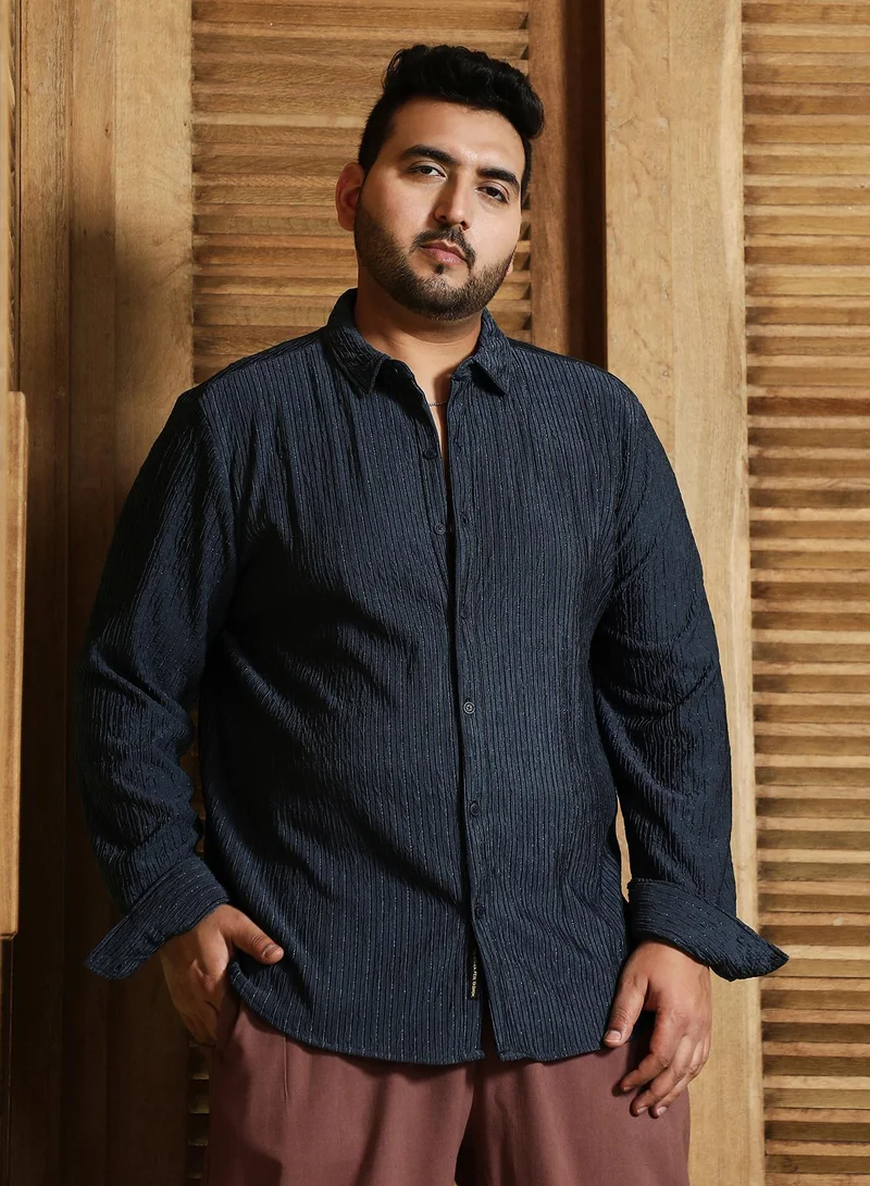 انستافاب بلس Instafab Plus Men's Midnight Blue Shimmering-Pleat Shirt For Casual Wear | Spread Collar | Long Cuffed Sleeves | Button Closure | Plus Size Shirt Crafted With Comfort Fit For Everyday Wear