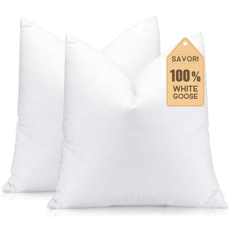 SAVORI Set of 2 Down and Feather Throw Pillow Inserts 18x18 Soft Fluffy Pillow Inserts with 100 DownProof Cotton Cover Decorative Square Cushion Inner for Sofa Couch BedWhite