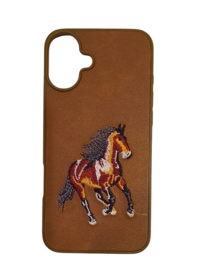 كيس جراب هاتف مضاد للصدمات بتصميم تطريز حصان لهاتف آيفون 16 باللون بني