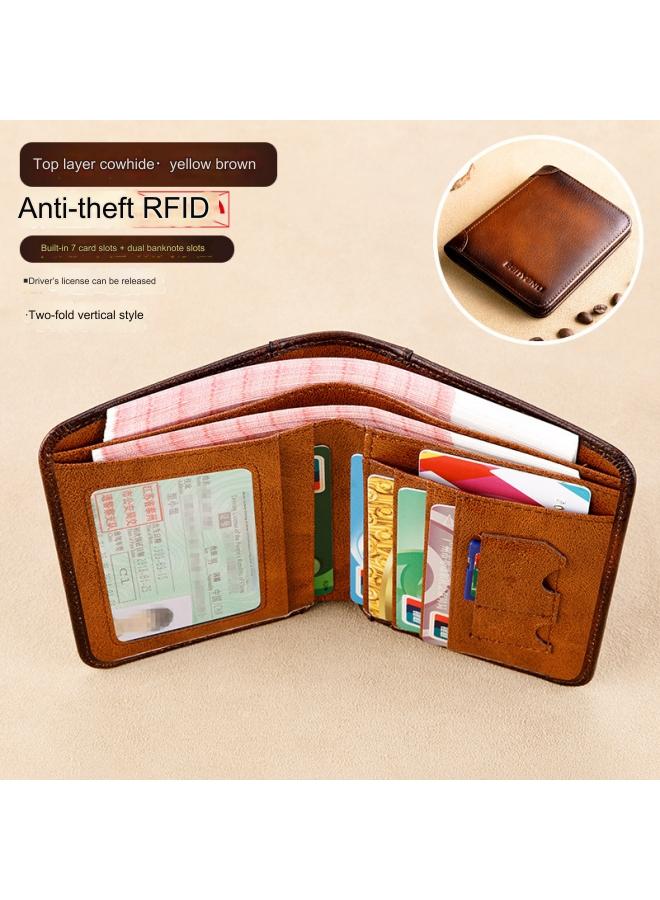 banyanu Men's Genuine Leather RFID Anti-Theft Brush Vertical Retro First-Layer Cowhide Wallet Yellow-Brown - Image 1