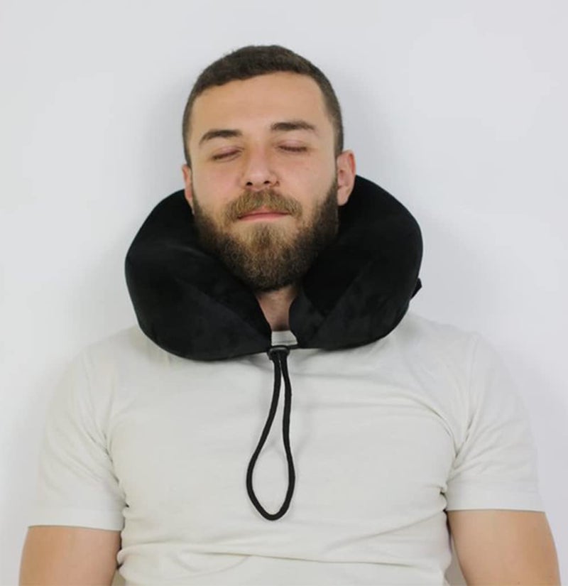 Max Comfort Black Travel Neck Pillow - Cervical Support Pillow with Soft Plush Material and Adjustable Drawstring - Image 2