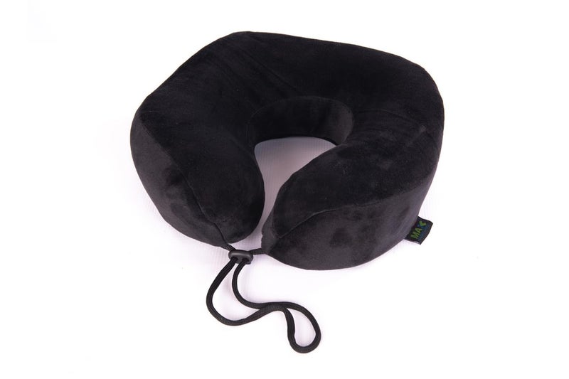 Max Comfort Black Travel Neck Pillow - Cervical Support Pillow with Soft Plush Material and Adjustable Drawstring - Image 1