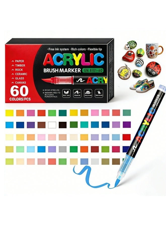 60-color acrylic paint markers, soft-bristled acrylic paint markers, quick-drying and waterproof acrylic markers, suitable for painting and DIY crafts. - Image 1