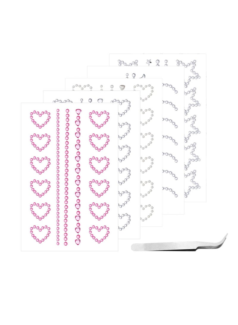 SUNSAR Face Gems Stickers Set, 5 Sheets Self-Adhesive Rhinestones, Heart Star Moon Designs for Makeup - Image 1