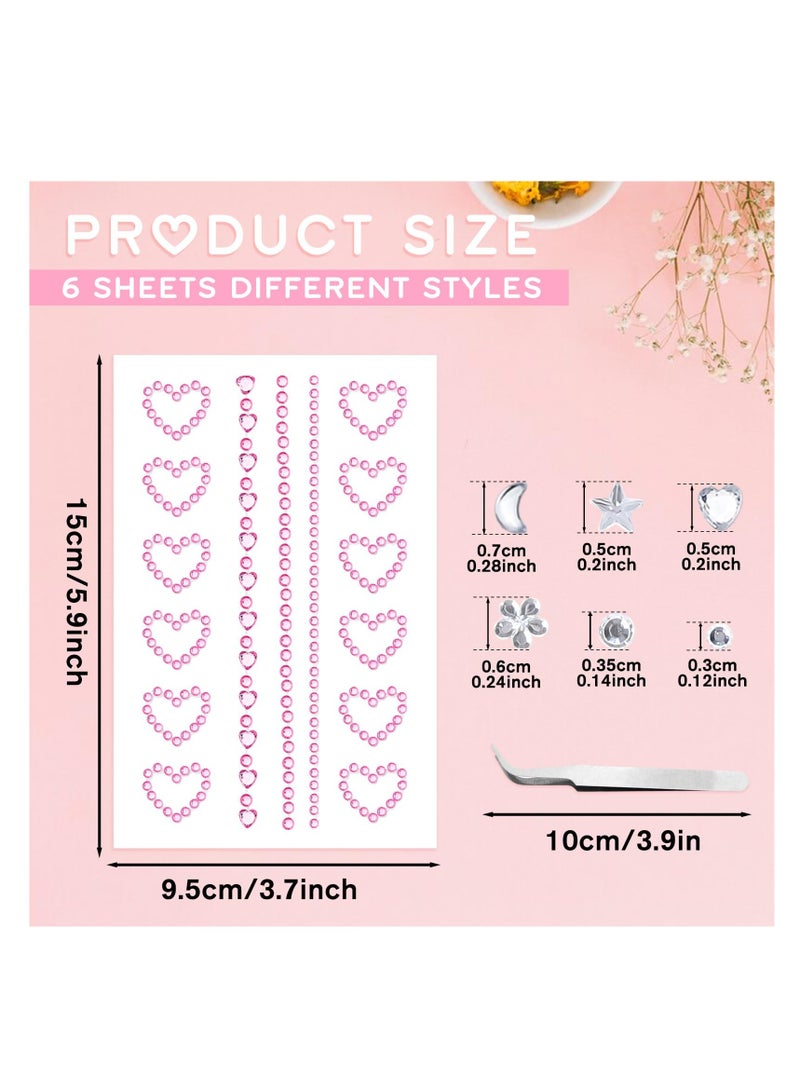 SUNSAR Face Gems Stickers Set, 5 Sheets Self-Adhesive Rhinestones, Heart Star Moon Designs for Makeup - Image 2
