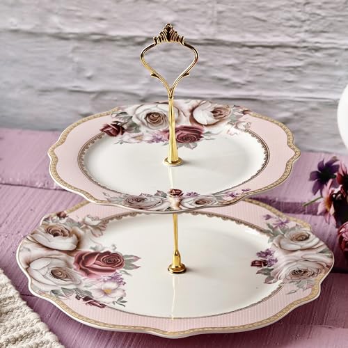 Vigneto Rose Garden Two Tier Dessert Stand, Cupcake Display and Cake Stand, Detachable Serving Dessert Tower | Finest Premium Porcelain - Image 1