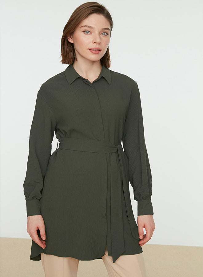 trendyol Green Belted Hidden Pat Woven Shirt TCTSS21TN0049 - Image 3