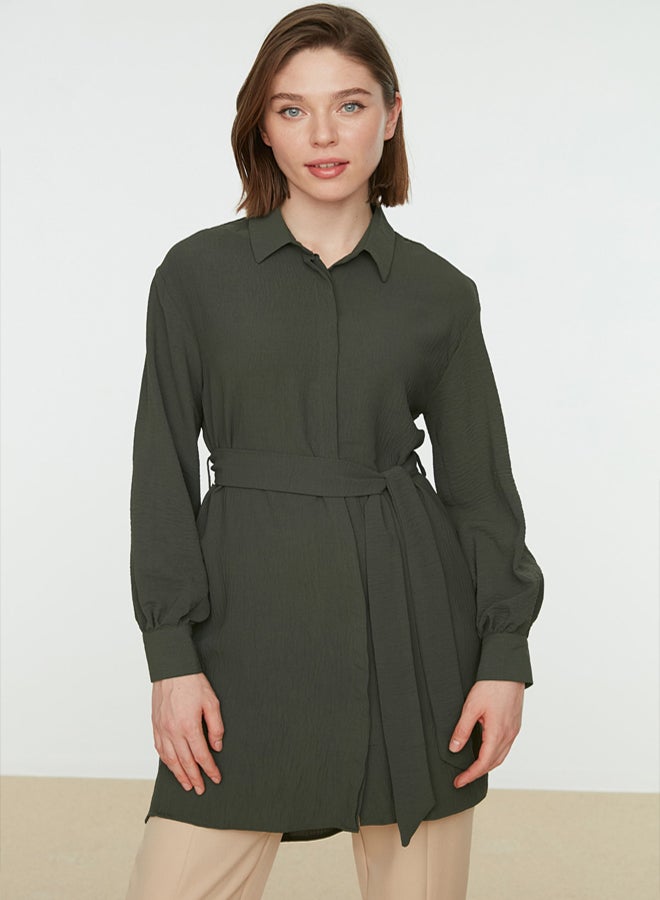 trendyol Green Belted Hidden Pat Woven Shirt TCTSS21TN0049 - Image 1