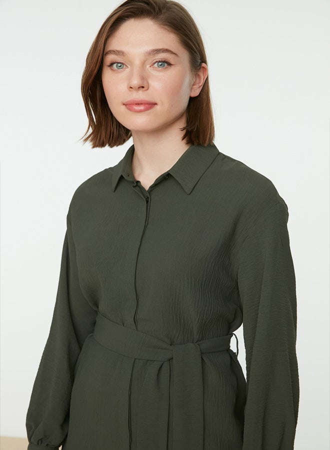 trendyol Green Belted Hidden Pat Woven Shirt TCTSS21TN0049 - Image 2