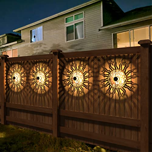 gardencave 4 Pack Solar Fence Lights Metal Solar Powered Outdoor Wall Deck Lights Sun Moon Theme Waterproof Fence Light for Garden Post Patio Backyard Yard Decor (Face, 4 Pack) - Image 3