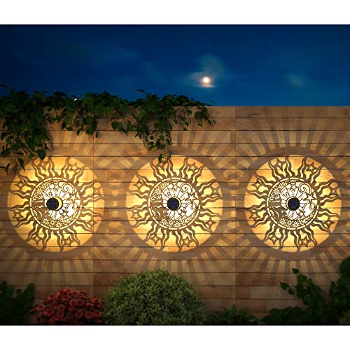 gardencave 4 Pack Solar Fence Lights Metal Solar Powered Outdoor Wall Deck Lights Sun Moon Theme Waterproof Fence Light for Garden Post Patio Backyard Yard Decor (Face, 4 Pack) - Image 2