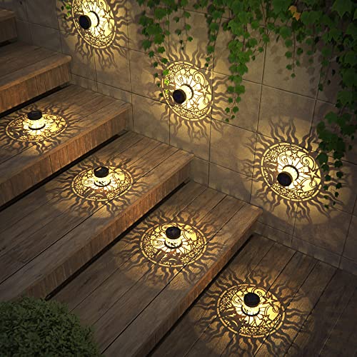 gardencave 4 Pack Solar Fence Lights Metal Solar Powered Outdoor Wall Deck Lights Sun Moon Theme Waterproof Fence Light for Garden Post Patio Backyard Yard Decor (Face, 4 Pack) - Image 4