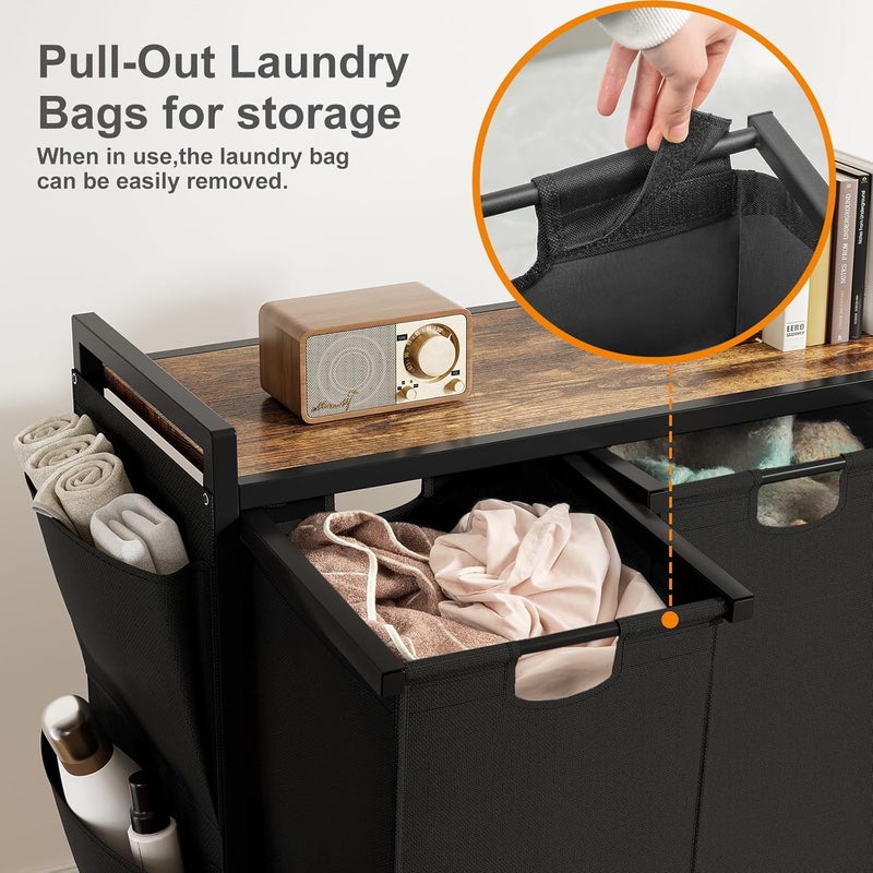 WOWLIVE 4-Compartment Laundry Hamper with Lid,Rolling Laundry Basket Organizer with Wheels, Iron-Made Laundry Sorter with Top Shelf and 4 Removable Bags,Large Clothes Storage for Room,Black - Image 5