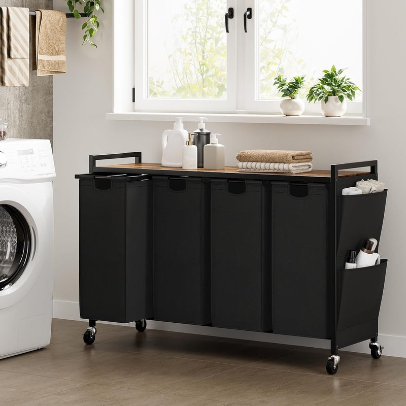 WOWLIVE 4-Compartment Laundry Hamper with Lid,Rolling Laundry Basket Organizer with Wheels, Iron-Made Laundry Sorter with Top Shelf and 4 Removable Bags,Large Clothes Storage for Room,Black - Image 4