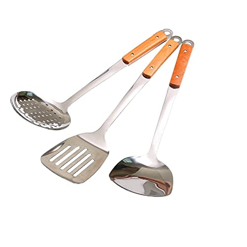 HEXONIQ Stainless Steel Kitchen Utensil Set, Steel Plain Spatula, Skimmer & Slotted Spatula with Long Heat Resistant Wood Handle, Set of 3 - Image 1