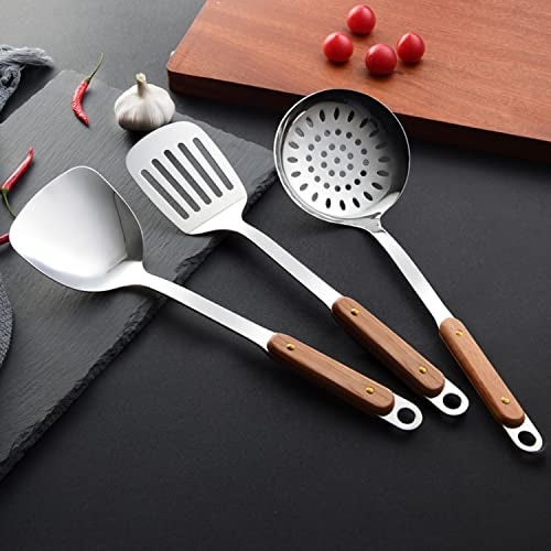 HEXONIQ Stainless Steel Kitchen Utensil Set, Steel Plain Spatula, Skimmer & Slotted Spatula with Long Heat Resistant Wood Handle, Set of 3 - Image 2