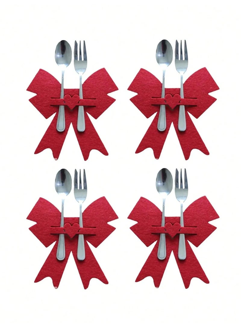 Valentine’s Day Decoration – Cutlery Holder Set for Dining Table, Set of 4 Pieces, Bow Design with Heart, Adds a Romantic and Elegant Touch to the Table for Valentine’s Day, Anniversaries, and Romantic Dinners - Image 1