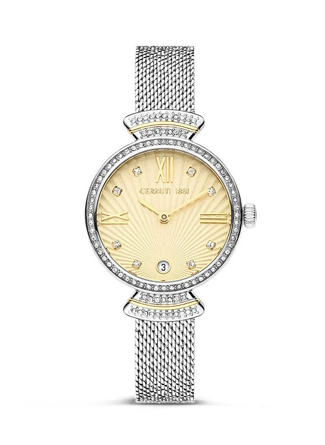 CERRUTI 1881 Women's Round Shape Stainless Steel Band Analog Wrist Watch 30 mm - Gold Dial - CIWLH2205501