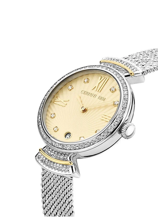 CERRUTI 1881 Women's Round Shape Stainless Steel Band Analog Wrist Watch 30 mm - Gold Dial - CIWLH2205501