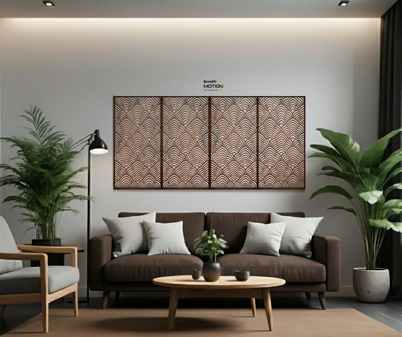 ACOUSTIC MOTION® Wooden MDF Wall Art Decor Panels, CALMWAVE Design with Double-Face Tape, Modern Brown Wall Hanging for Home, Living Room, Bedroom, Office & Hotel, 25×50×0.5 cm, 4-Piece Set