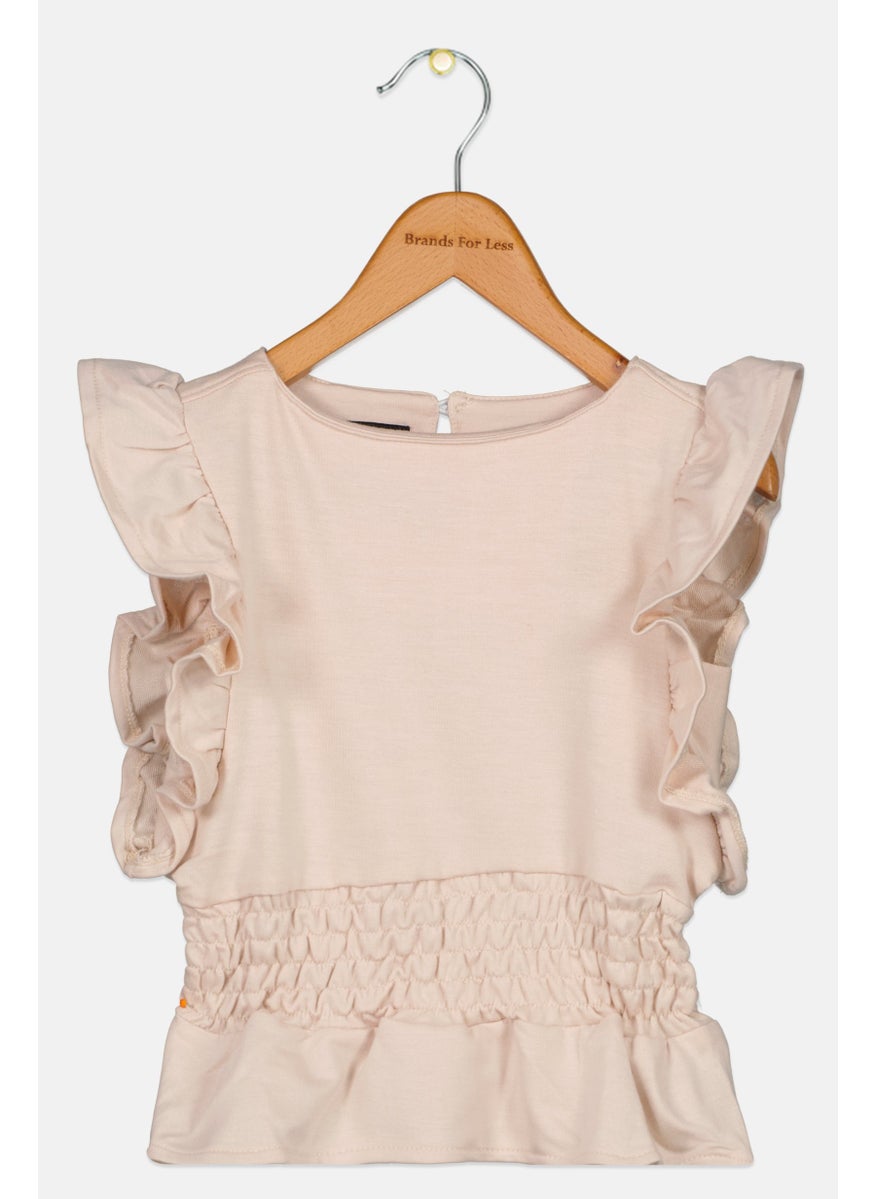 Joe's Kids Girl Boat Neck Ruffle Sleeve Plain Top, Beige  - Image 1