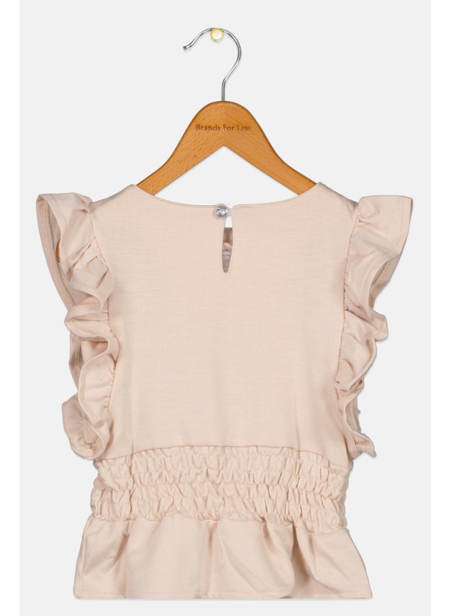 Joe's Kids Girl Boat Neck Ruffle Sleeve Plain Top, Beige  - Image 2