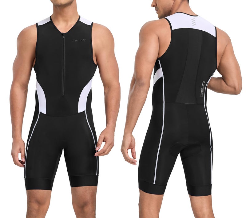 Santic Men's Triathlon Suit Sleeveless Skinsuit Padded Quick-Dry Swim Bike Run with Pockets,Black/White,S - Image 1