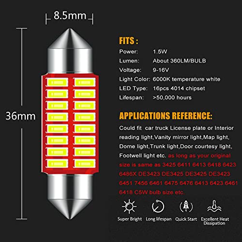 DODOFUN 12V 36MM Festoon 6418 DE3423 DE3425 LED Bulbs for Car Number Tag License Plate Interior Map Dome Trunk Door Courtesy Footwell Light 6000K White Ultra Bright Pack of 10 - Image 2