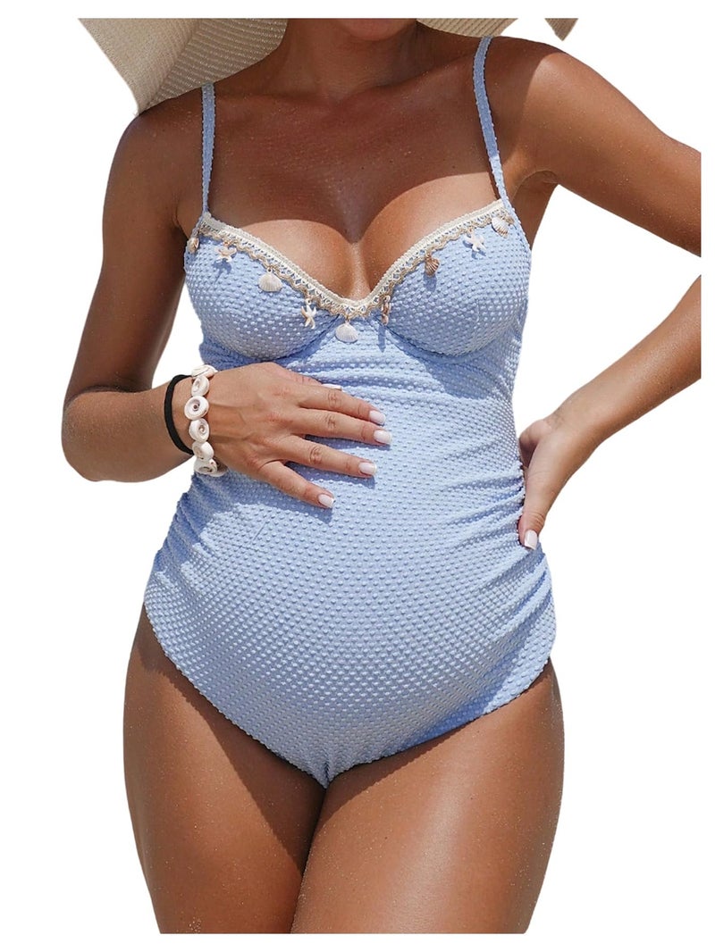 OYOANGLE Women's Maternity One Piece Swimsuits Textured Shell Decor V Neck Pregnancy Bathing Suit Blue Medium - Image 1