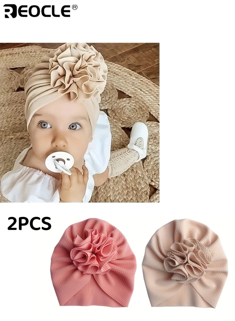 REOCLE 2pcs Baby Adorable and Cozy Flower Turban Hats Soft Breathable Knit Adjustable Snug Fit for Toddlers Comfortable Head Wraps for Newborns Machine Washable - Image 1