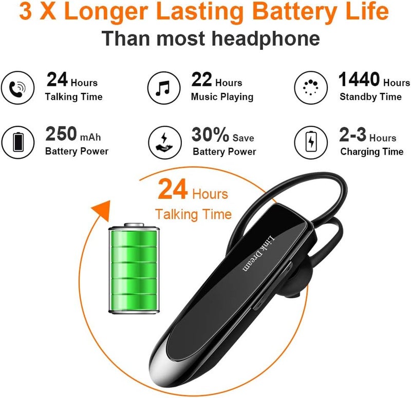 Link Dream Bluetooth Earpiece for Cell Phones Wireless V5.0 Hands Free Headset Noise Canceling Mic 24Hrs Talking 1440Hrs Standby Compatible with Mobile Phone Tablet Laptop for Work from Home Driver - Image 3