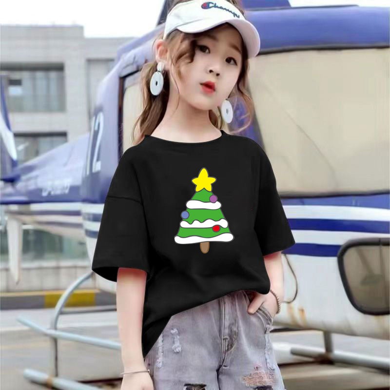 2205# Boys And Girls Casual T-Shirt Short Sleeve Cotton Top Women'S Summer Korean Style Middle And Big Kids Loose Western Style Base Shirt - Image 1