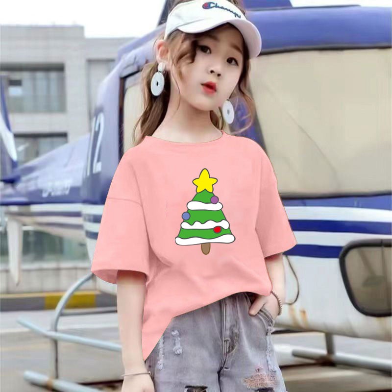 2205# Boys And Girls Casual T-Shirt Short Sleeve Cotton Top Women'S Summer Korean Style Middle And Big Kids Loose Western Style Base Shirt - Image 4