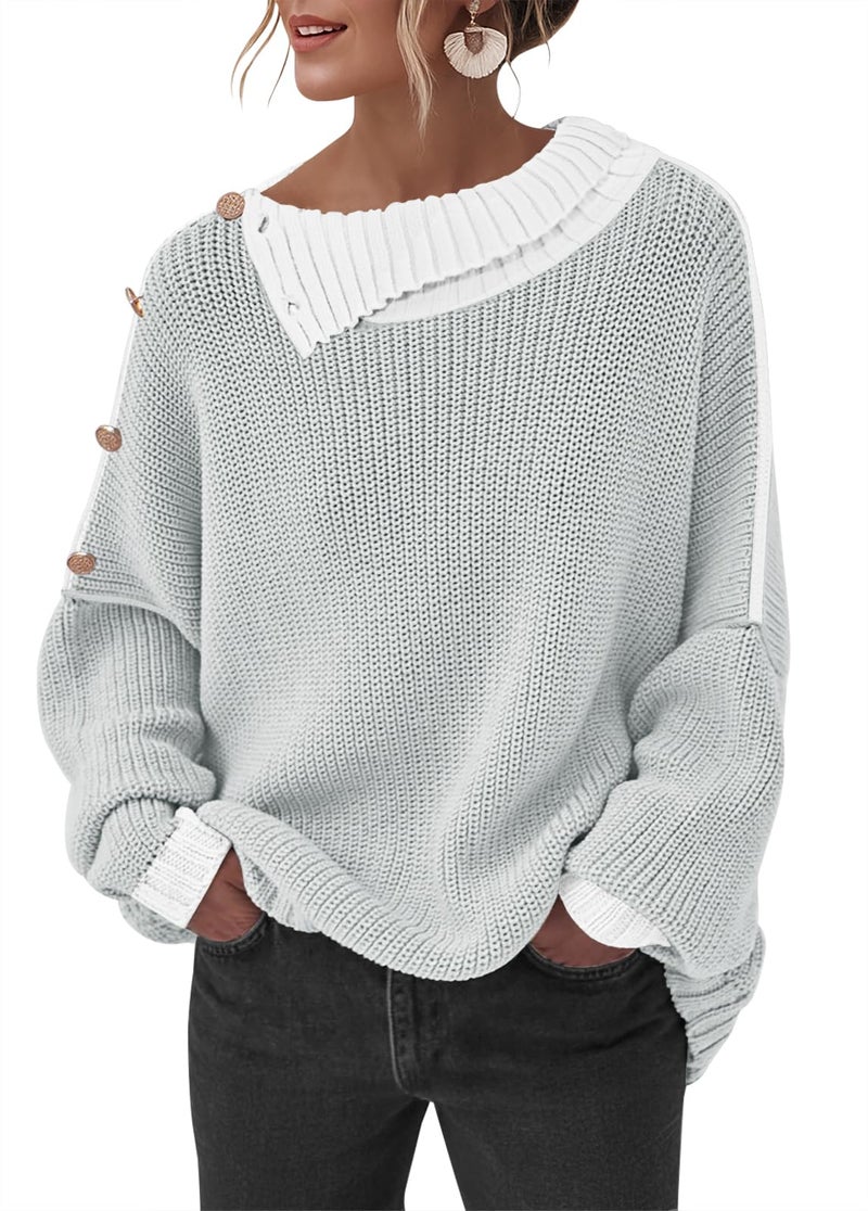 SAUKOLE Pullover Sweater for Women Oversized Casual Long Sleeve Button Off The Shoulder Knit Top Slouchy Sweaters - Image 1