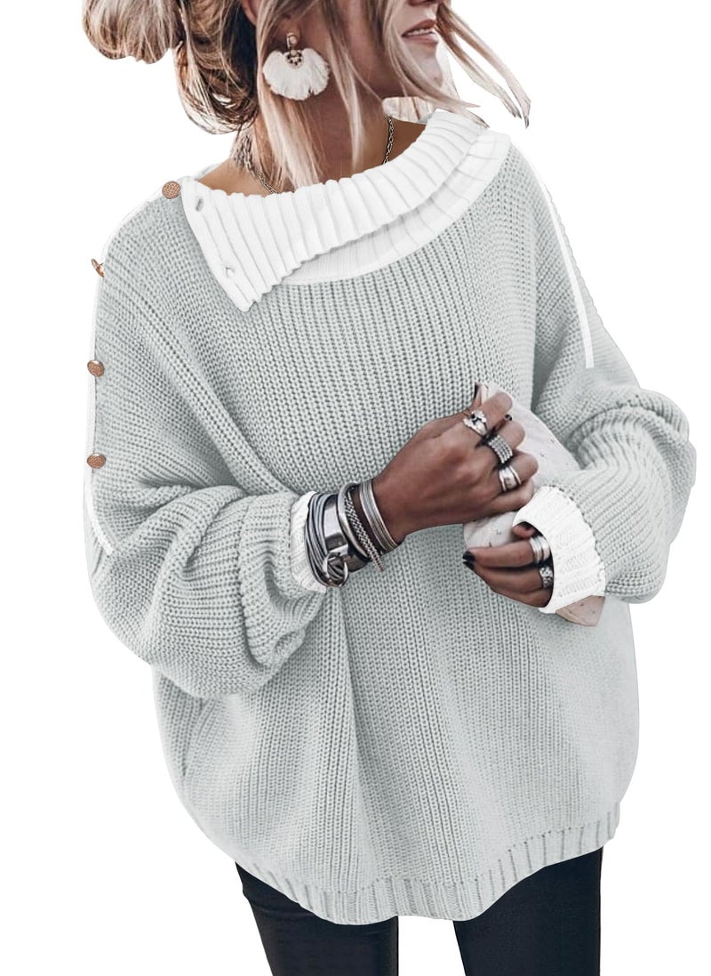 SAUKOLE Pullover Sweater for Women Oversized Casual Long Sleeve Button Off The Shoulder Knit Top Slouchy Sweaters - Image 2