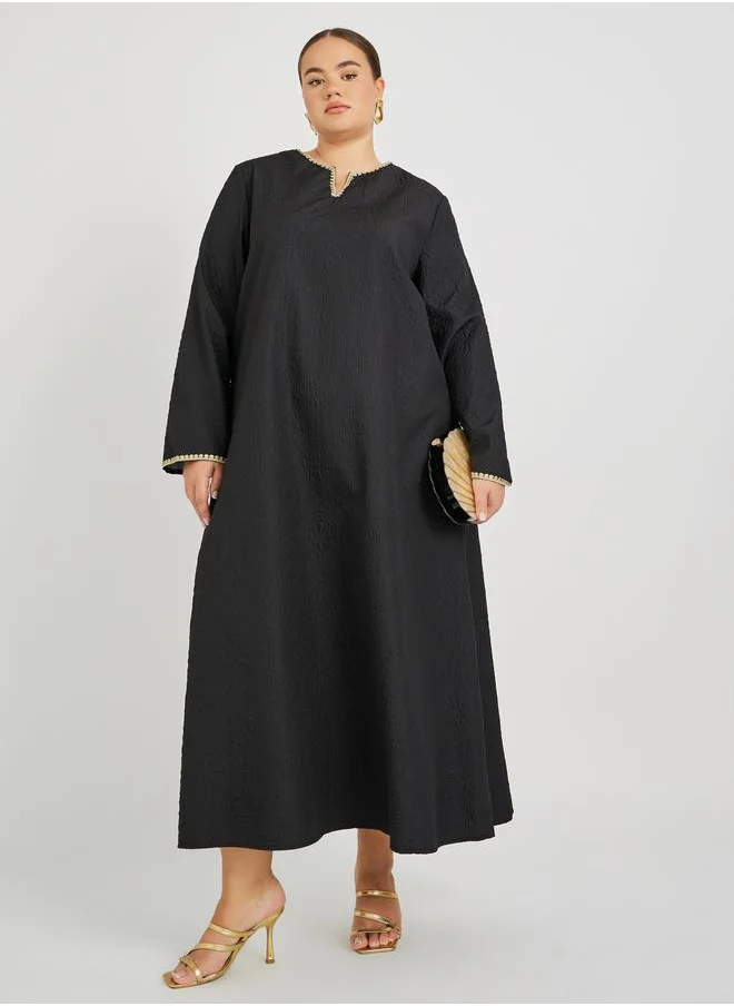 ستايلي Styli Plus Size Textured Notch Neck Jalabiya with Lace Detail