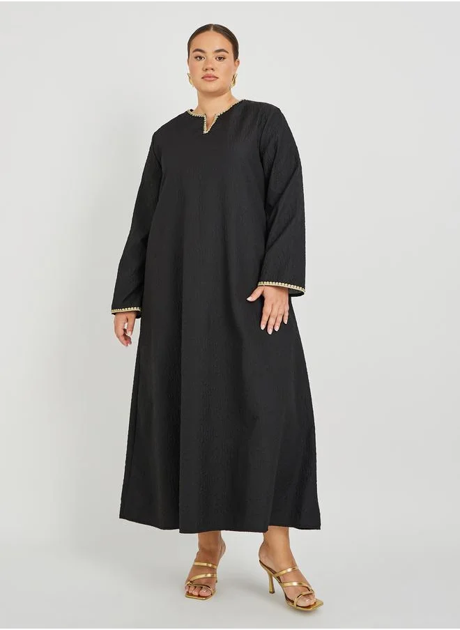 ستايلي Styli Plus Size Textured Notch Neck Jalabiya with Lace Detail
