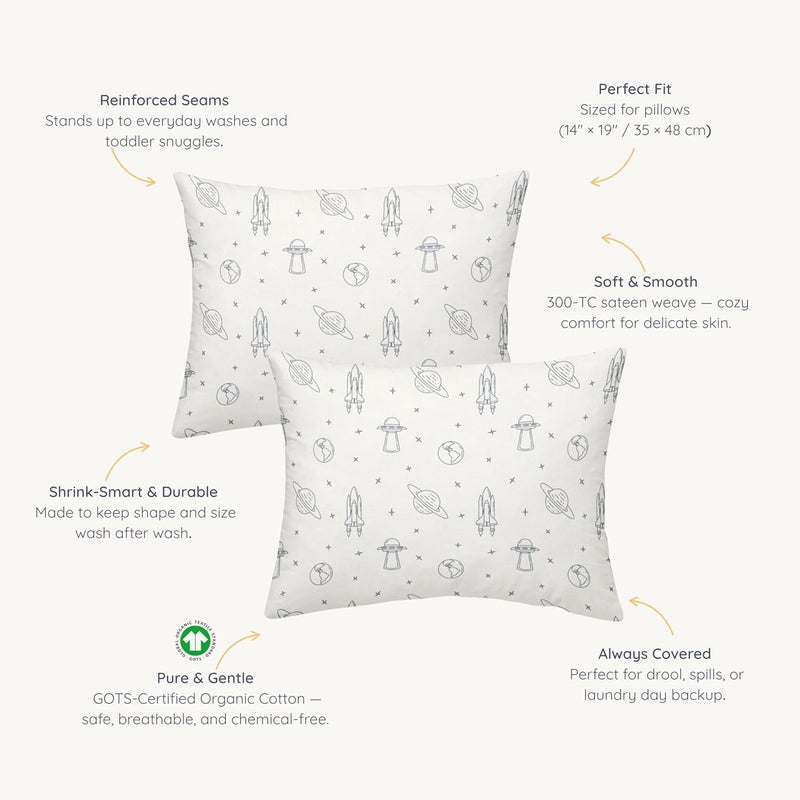 MakeMake Organics Organic Toddler Pillowcase (Set of 2) GOTS Certified Organic Cotton Toddler Pillowcase 13x18 Pillows Boys Planets Rocket Outer Space Navy Blue (Astronaut, 14x19) - Image 3