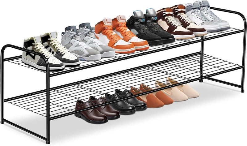 KEETDY 2Tier Long Shoe Organizer for Closet Metal Shoe Rack for Entryway Wide Stackable Shoe Shelf Storage with Sturdy Wire Grid for Closet Floor Bedroom Black