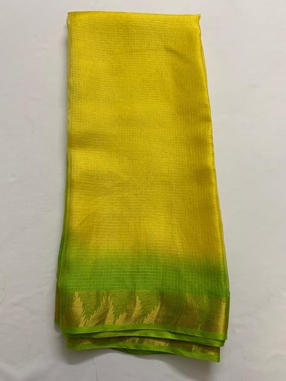 SheenKraft | Women's Bhagalpuri Pure Kota Doria Silk Net Saree With Temple Zari Border and Running Blouse Piece (Canary_Yellow & Parrot_Green) - Image 4