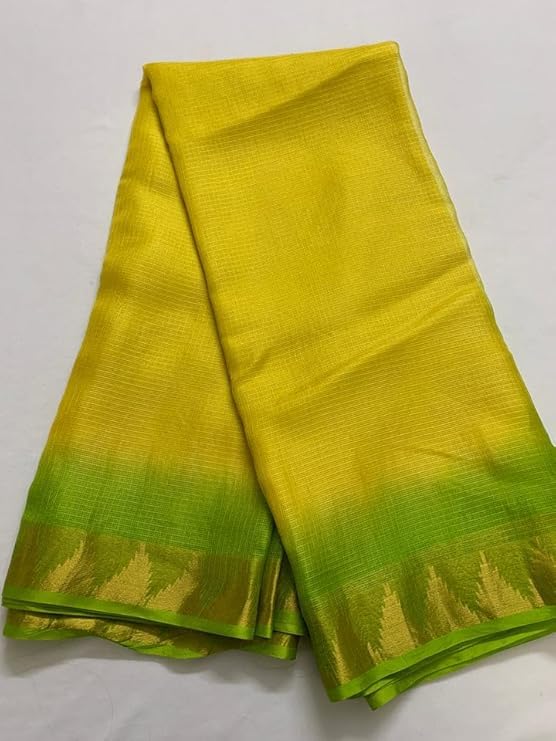 SheenKraft | Women's Bhagalpuri Pure Kota Doria Silk Net Saree With Temple Zari Border and Running Blouse Piece (Canary_Yellow & Parrot_Green) - Image 5