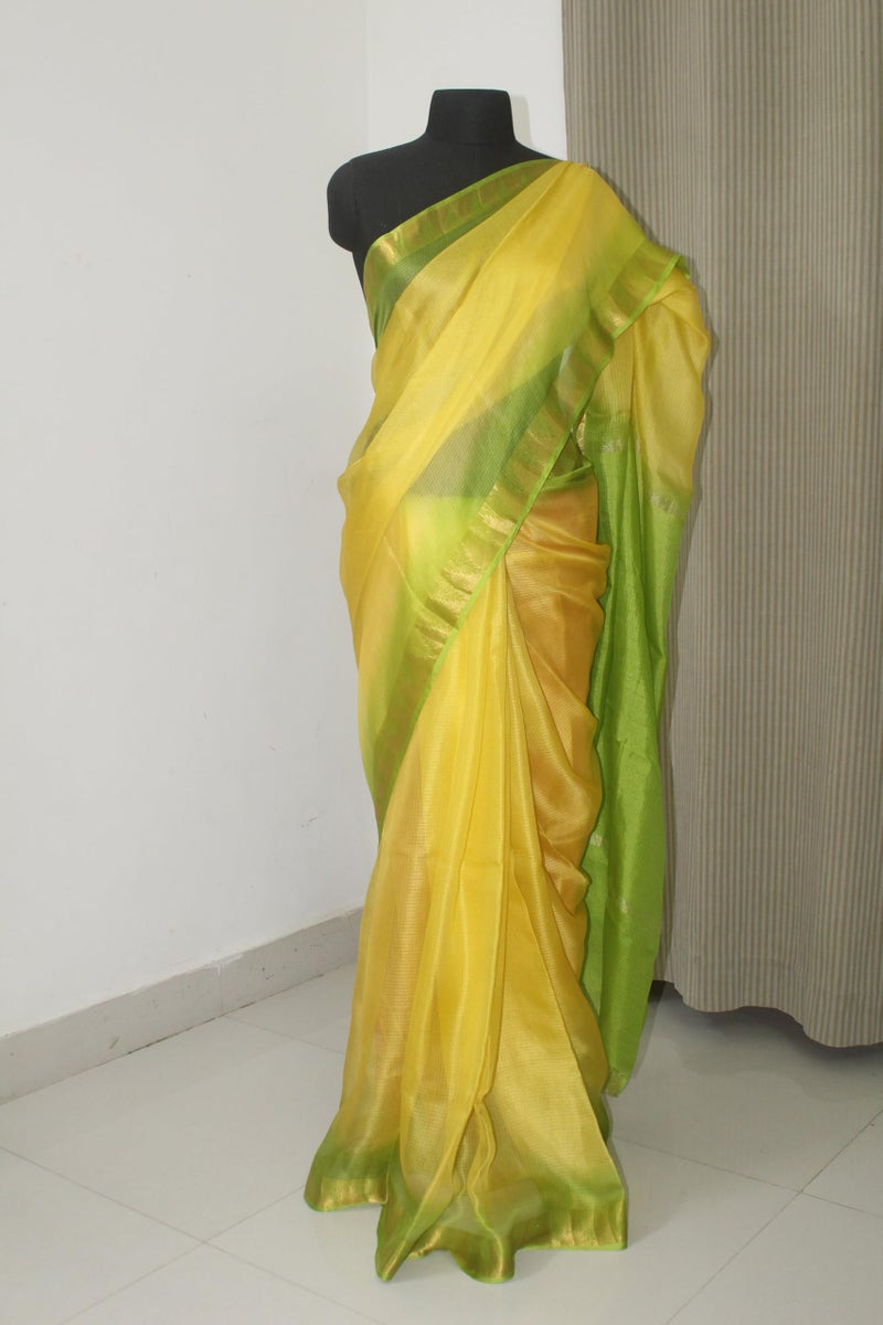 SheenKraft | Women's Bhagalpuri Pure Kota Doria Silk Net Saree With Temple Zari Border and Running Blouse Piece (Canary_Yellow & Parrot_Green) - Image 2